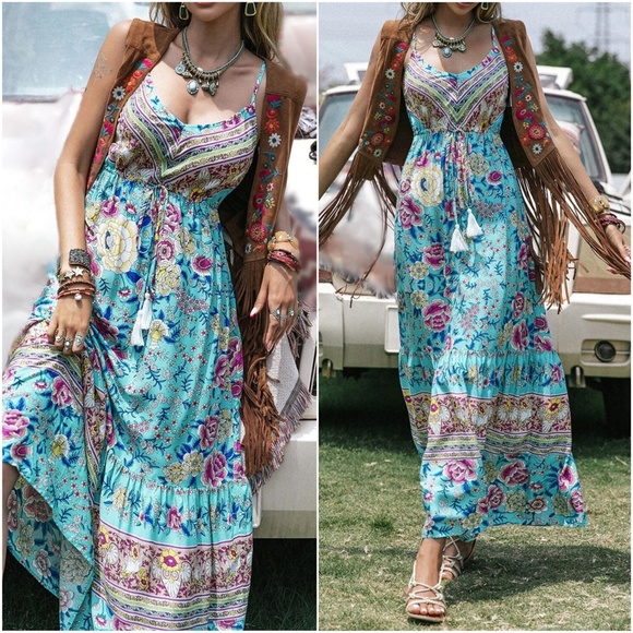 Boho Floral Print Cottagecore Cami maxi Dress - Picture 5 of 8